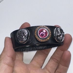 GingerSnaps Bracelet Skull Day of Dead Pink Crystal Black Leather Wrap